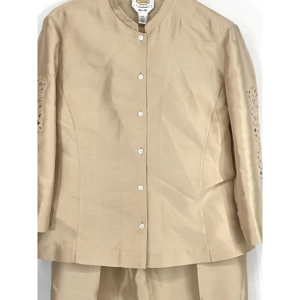 Good Talbots Women Suit 14/16 Pant Set Gold Pure Silk Eyelet Embroidered Petite